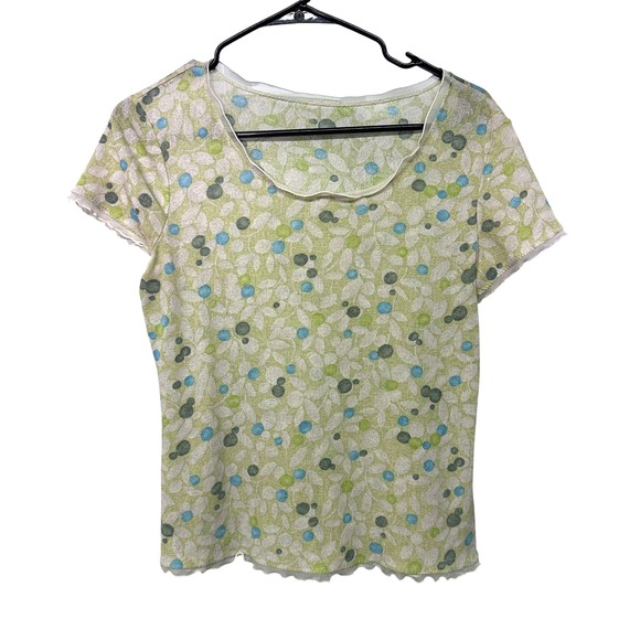 Unbranded Tops - Vintage Y2K Mesh Sheer Euro Baby Tee Sage Lettuce Edge Short Sleeve Top L